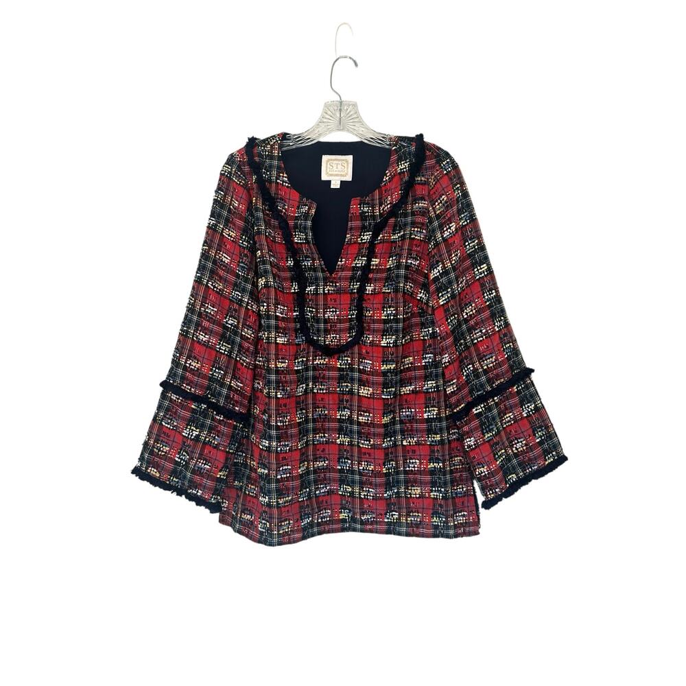 Sail to Sable Red Dressy Tartan Heritage Plaid Fringe V-Neck Blouse Size Small